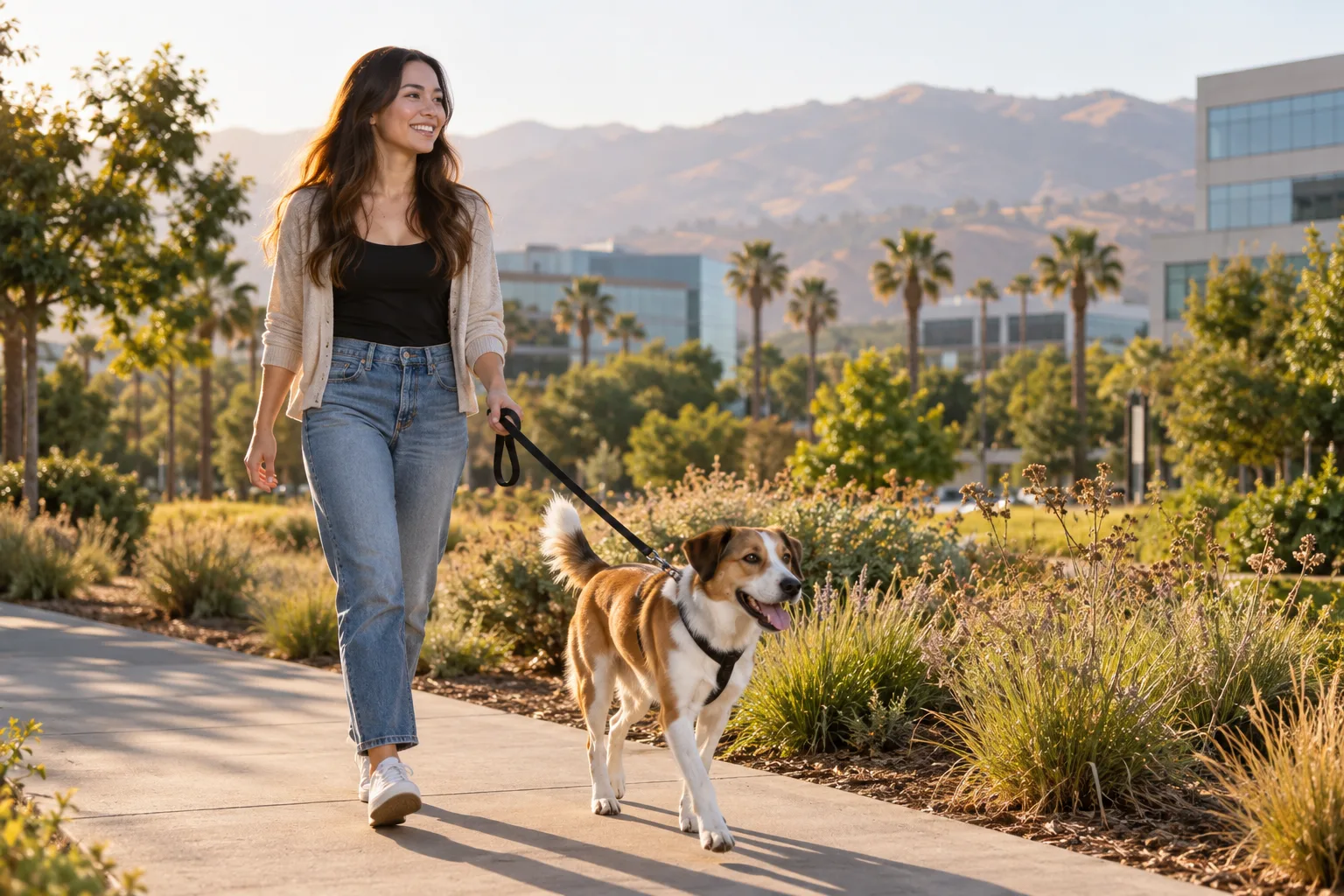 Owner walking a dog along a landscaped path with mountains in the distance