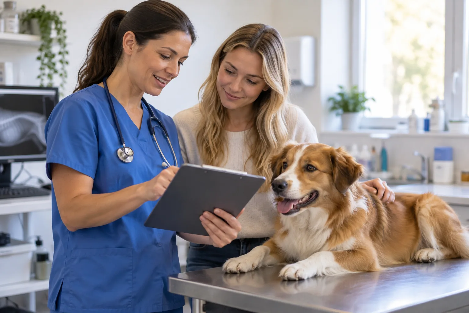 Veterinary professional and owner reviewing information beside a dog